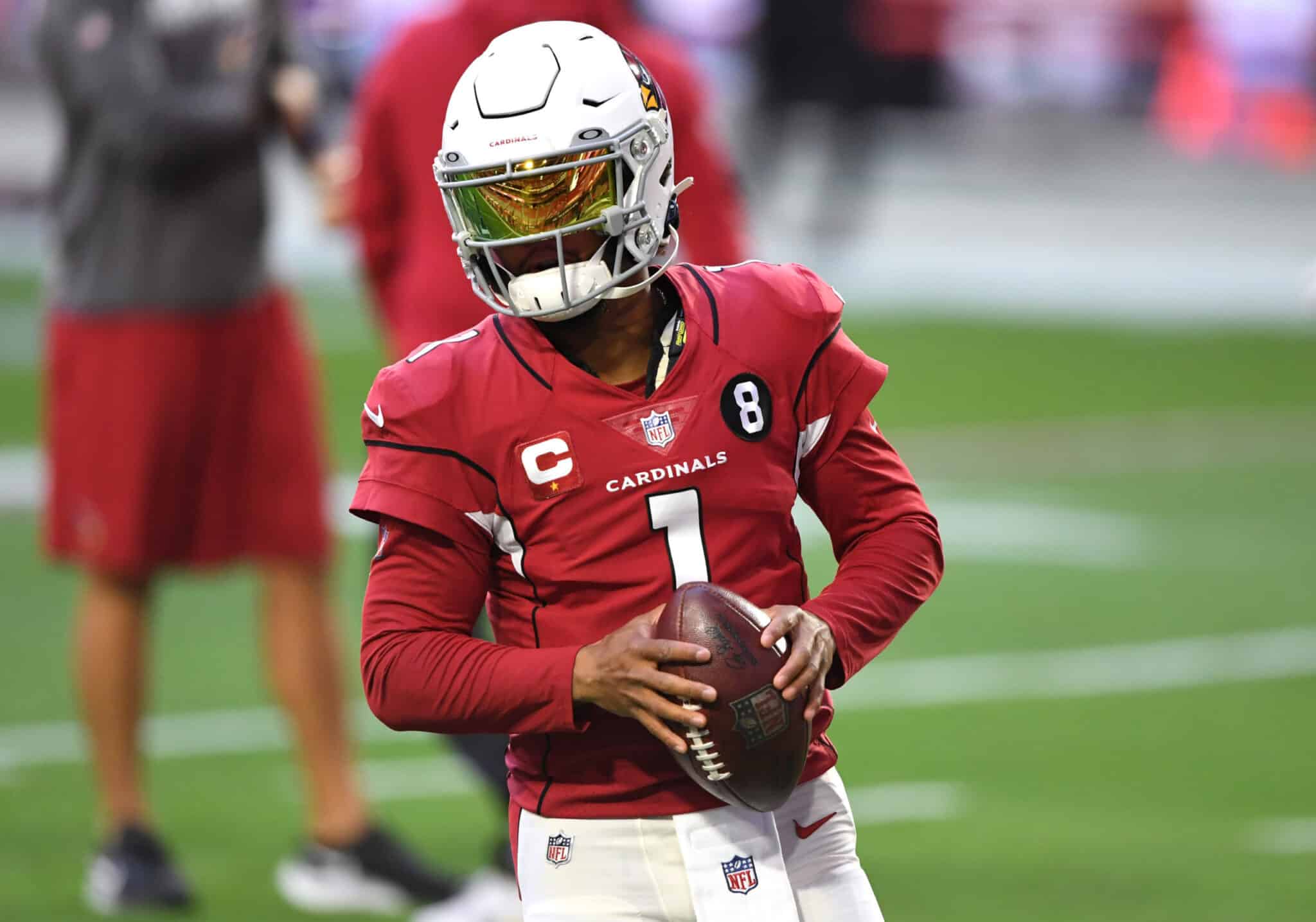 GLENDALE, ARIZONA - DECEMBER 26: Quarterback Kyler Murray #1 of the Arizona Cardinals runs a drill during warmups before the game against the San Francisco 49ers at State Farm Stadium on December 26, 2020 in Glendale, Arizona.