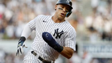 NEW YORK, NEW YORK - MAY 31: (NEW YORK DAILIES OUT) Aaron Judge #99 of the New York Yankees in action against the Los Angeles Angels at Yankee Stadium on May 31, 2022 in New York City. The Yankees defeated the Angels 9-1.