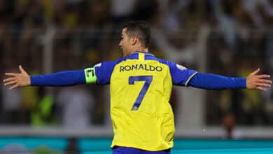 Nassr's Portuguese forward Cristiano Ronaldo celebrates scoring his team's fourth goal