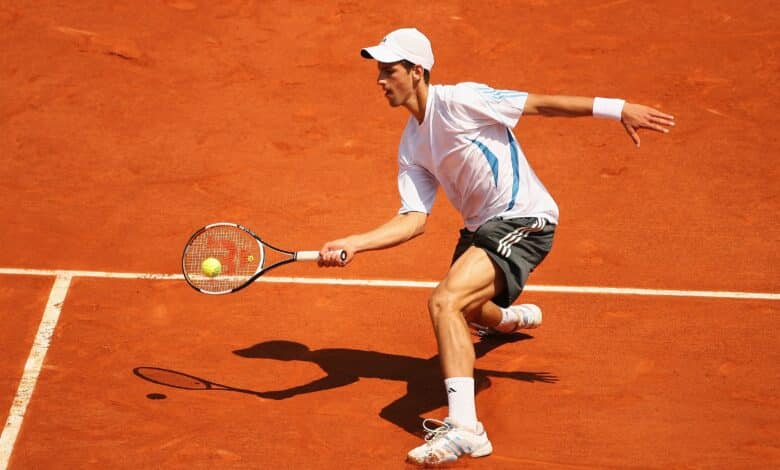 Novak Djokovic of Serbia and Montenegro in action against Rafael Nadal of Spain during day eleven of the French Open at Roland Garros