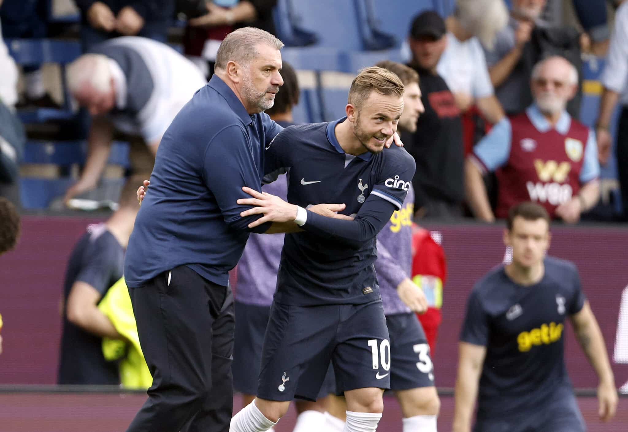 Tottenham Hotpsur manager Ange Postecoglou and James Maddison after the final whistle of the Premier League match