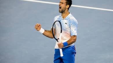 MELBOURNE, VIC - JANUARY 25: Novak Djokovic of Serbia celebrates during the Quarterfinals of the 2023 Australian Open on January 25 2023, at Melbourne Park in Melbourne, Australia.