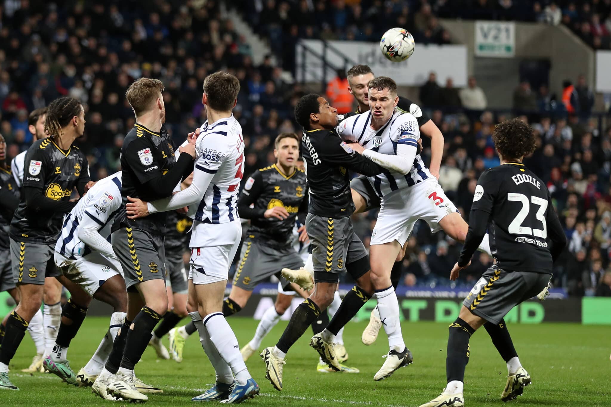 WEST BROMWICH, ENGLAND - FEBRUARY 16: Kyle Walker-Peters of Southampton Football Club holds Conor Townsend of West Bromwich Albion as he tries to jump for a header during the Sky Bet Championship match between West Bromwich Albion and Southampton FC at The Hawthorns on February 16, 2024 in West Bromwich, United Kingdom.