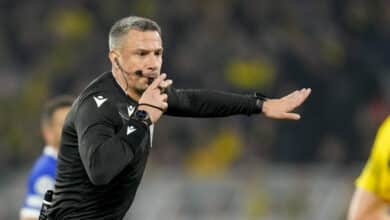 DORTMUND, GERMANY - APRIL 16: referee Slavko Vincic gestures during the UEFA Champions League quarter-final second leg match between Borussia Dortmund and Atletico Madrid at Signal Iduna Park on April 16, 2024 in Dortmund, Germany.