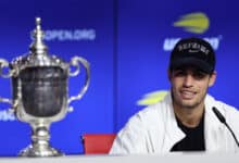 NEW YORK, NEW YORK - SEPTEMBER 11: Carlos Alcaraz of Spain during a news conference after defeating Casper Ruud of Norway during their Men’s Singles Final match on Day Fourteen of the 2022 US Open at USTA Billie Jean King National Tennis Center on September 11, 2022 in the Flushing neighborhood of the Queens borough of New York City.