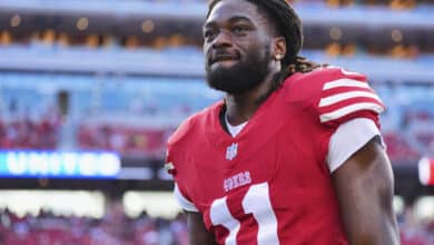 SANTA CLARA, CA - JANUARY 28: Brandon Aiyuk #11 of the San Francisco 49ers warms up before kickoff against the Detroit Lions during the NFC Championship football game at Levi's Stadium on January 28, 2024 in Santa Clara, California.
