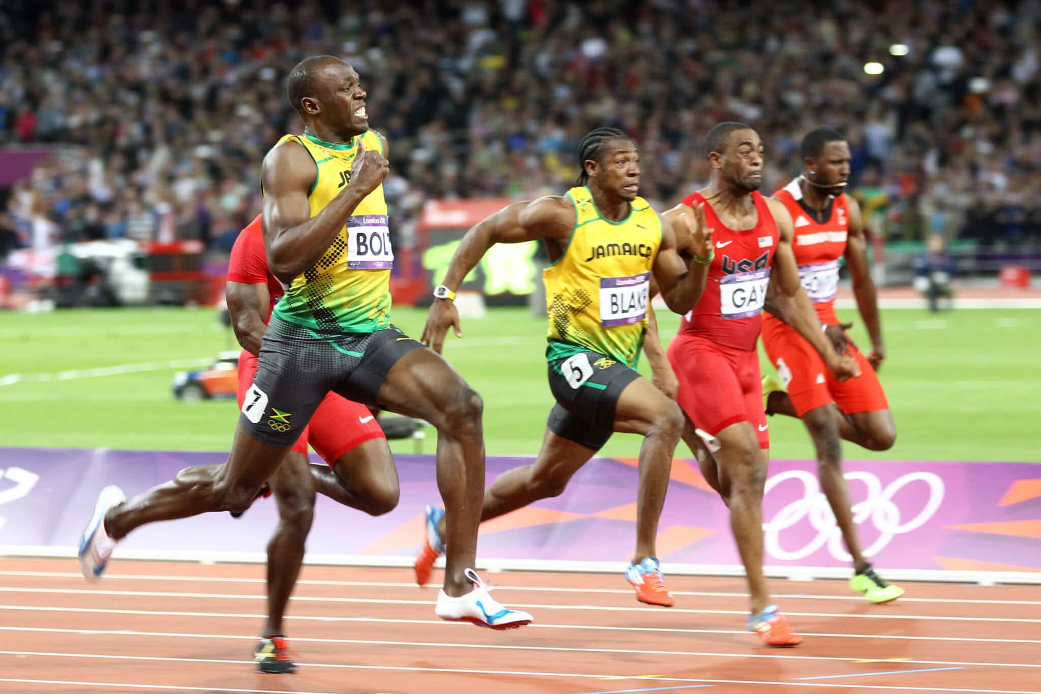 London 2012 - Athletics - Men's 100m final - Usain BOLT (JAM) gold medalist - Yohann BLAKE (JAM) silver medalist - Justin GATLIN (USA) bronze medalist