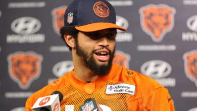 LAKE FOREST, ILLINOIS - MAY 10: Caleb Williams #18 of the Chicago Bears speaks to the media prior to Chicago Bears Rookie Minicamp at Halas Hall on May 10, 2024 in Lake Forest, Illinois.