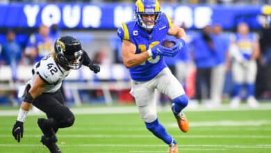 INGLEWOOD, CA - DECEMBER 05: Los Angeles Rams Wide Receiver Cooper Kupp (10) breaks free from Jacksonville Jaguars Safety Andrew Wingard (42) on his way to a touchdown during the NFL game between the Jacksonville Jaguars and the Los Angeles Rams on December 5, 2021, at SoFi Stadium in Inglewood, CA.