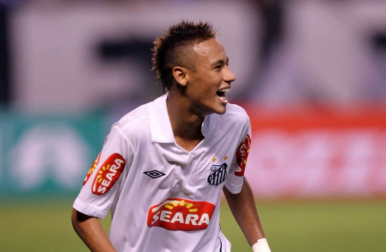 Neymar of Santos celebrates scored goal during a match against Botafogo