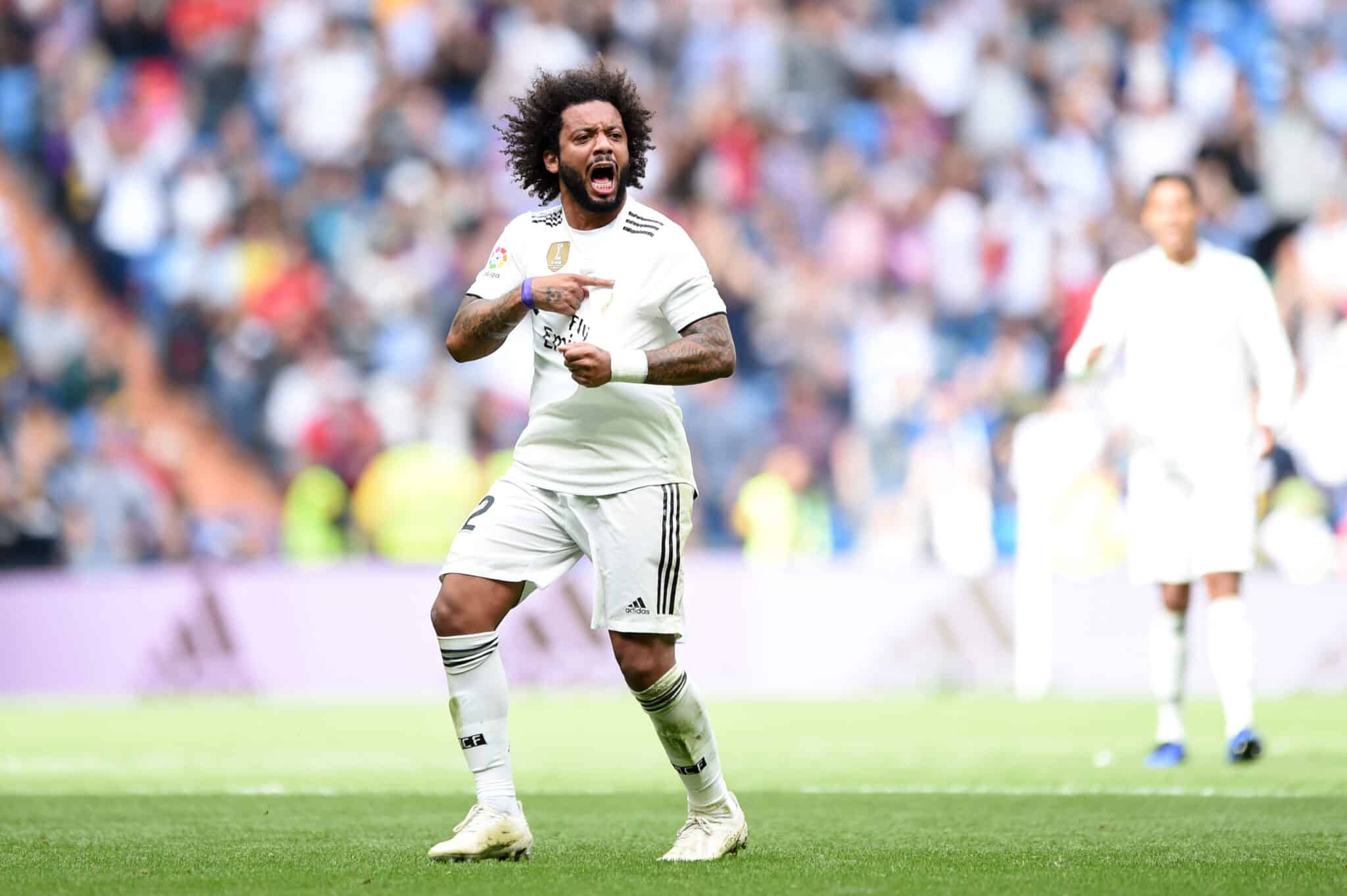 Marcelo of Real Madrid celebrates after scoring his sides first goal during the La Liga match