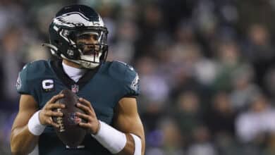 PHILADELPHIA, PA - JANUARY 21: Jalen Hurts #1 of the Philadelphia Eagles looks to pass against the New York Giants during the NFC Divisional Playoff game at Lincoln Financial Field on January 21, 2023 in Philadelphia, Pennsylvania.