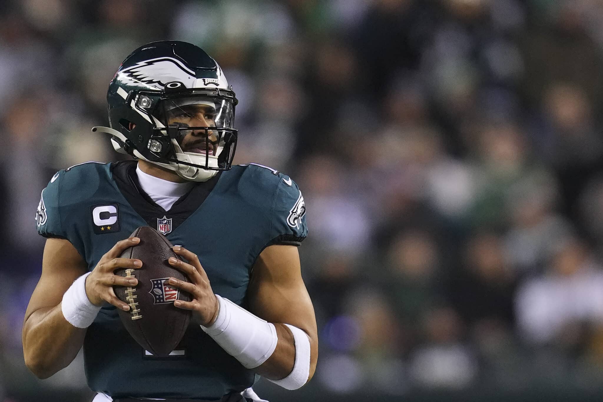 PHILADELPHIA, PA - JANUARY 21: Jalen Hurts #1 of the Philadelphia Eagles looks to pass against the New York Giants during the NFC Divisional Playoff game at Lincoln Financial Field on January 21, 2023 in Philadelphia, Pennsylvania.