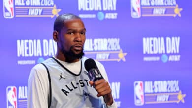 INDIANAPOLIS, INDIANA - FEBRUARY 17: Kevin Durant #35 of the Phoenix Suns speaks with the media at Gainbridge Fieldhouse on February 17, 2024 in Indianapolis, Indiana. NOTE TO USER: User expressly acknowledges and agrees that, by downloading and or using this photograph, User is consenting to the terms and conditions of the Getty Images License Agreement.