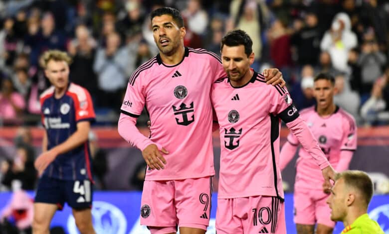 Inter Miami's #10 Lionel Messi (R) with #9 Luis Suarez (L)