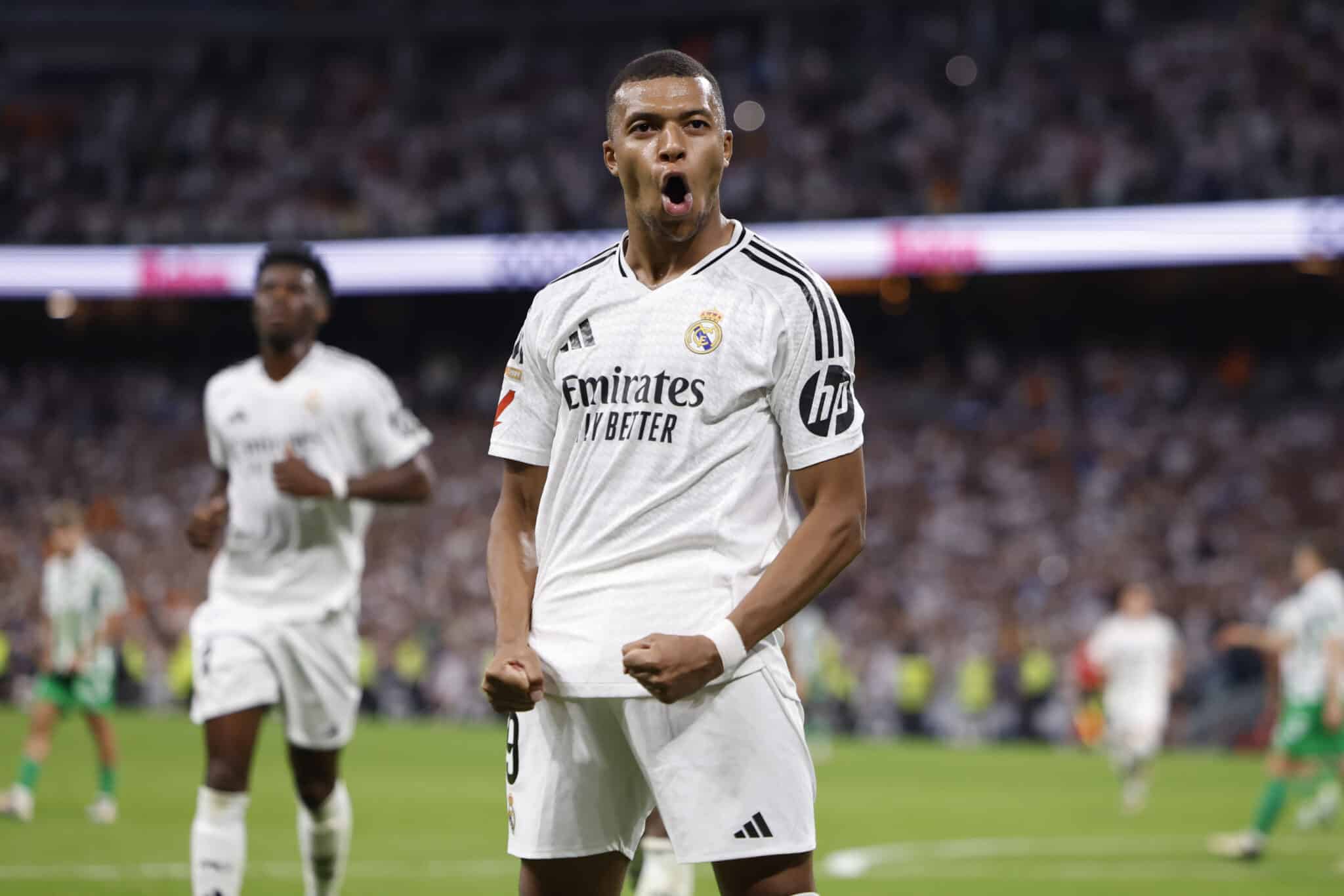 Kylian Mbappe of Real Madrid celebrates after scoring a goal during the La Liga match between Real Madrid CF and Real Betis.