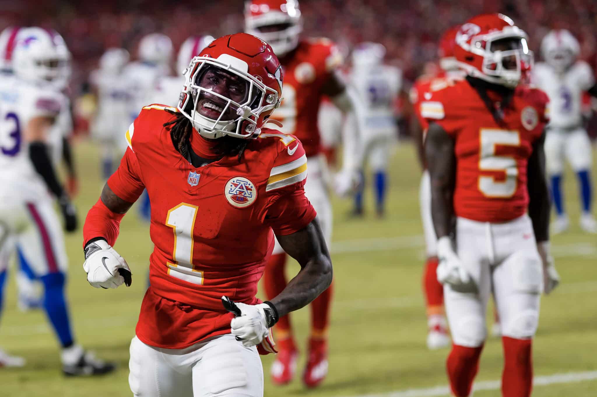 KANSAS CITY, MISSOURI - JANUARY 26: Wide receiver Xavier Worthy #1 of the Kansas City Chiefs celebrates after completing a catch during the first half of the AFC Championship game against the Buffalo Bills, at GEHA Field at Arrowhead Stadium on January 26, 2025 in Kansas City, Missouri.