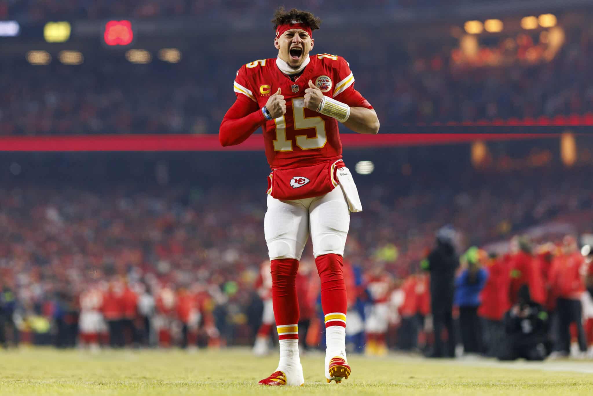 KANSAS CITY, MISSOURI - JANUARY 26: Quarterback Patrick Mahomes #15 of the Kansas City Chiefs gets hyped up prior to the AFC Championship game against the Buffalo Bills, at GEHA Field at Arrowhead Stadium on January 26, 2025 in Kansas City, Missouri.