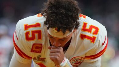 Football: Super Bowl LIX: Kansas City Chiefs Patrick Mahomes (15) in action, kneels prior to game vs Philadelphia Eagles at Caesar's Superdome. New Orleans, LA 2/9/2025 CREDIT: Erick W. Rasco