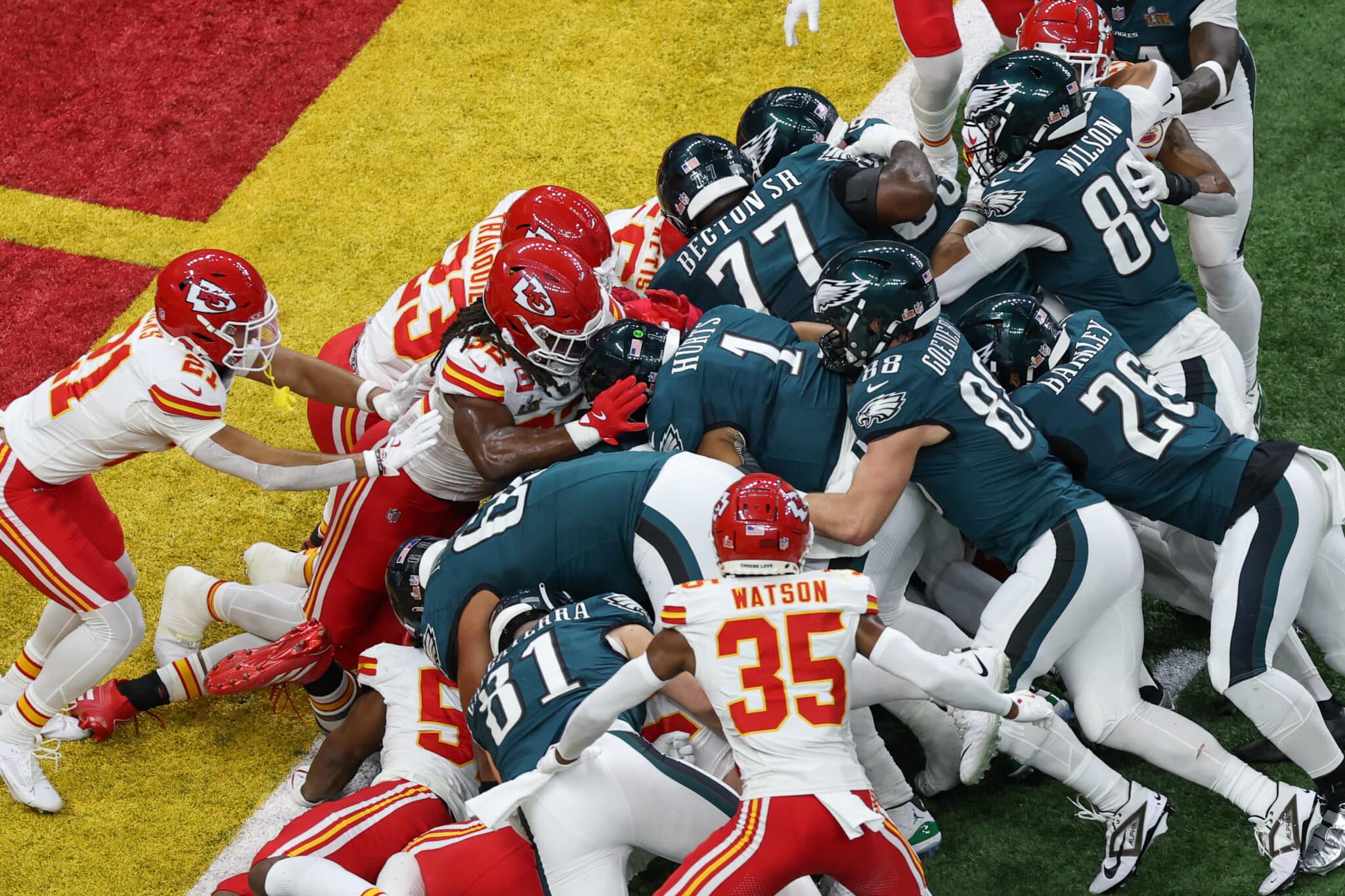 NEW ORLEANS, LA - FEBRUARY 09: QB Jalen Hurts #1 of the Philadelphia Eagles gets a tush push for a touchdown during Super Bowl LIX between the Kansas City Chiefs and the Philadelphia Eagles on Sunday February 9, 2025 at the Caesars Superdome in New Orleans, LA.