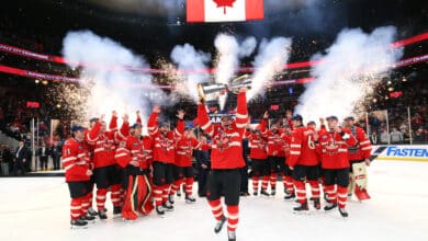 Sidney Crosby #87 of Team Canada celebrates with his teammates after defeating Team United States in overtime to win the NHL 4 Nations Face-Off Championship