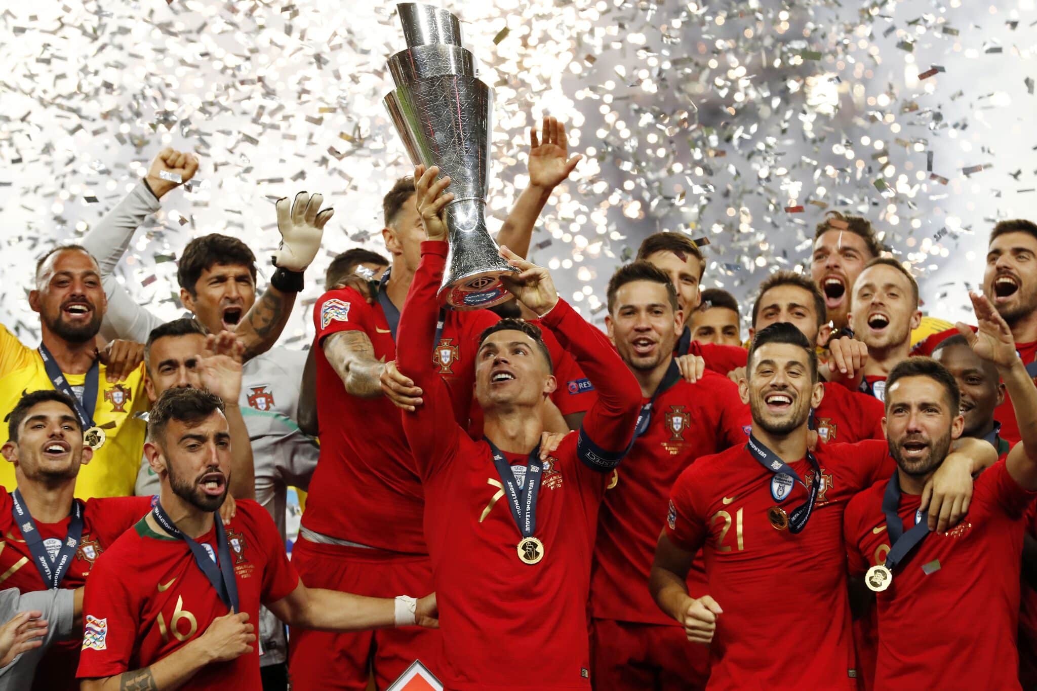 Portugal with the Nations League trophy with the Nations League trophy during the UEFA Nations League final match between Portugal and The Netherlands