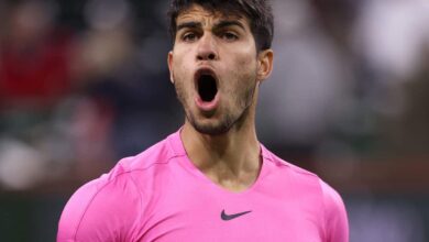 INDIAN WELLS, CALIFORNIA - MARCH 16: Carlos Alcaraz of Spain celebrates defeating Felix Auger-Aliassime of Canada in the quarter finals during the BNP Paribas Open on March 16, 2023 in Indian Wells, California.
