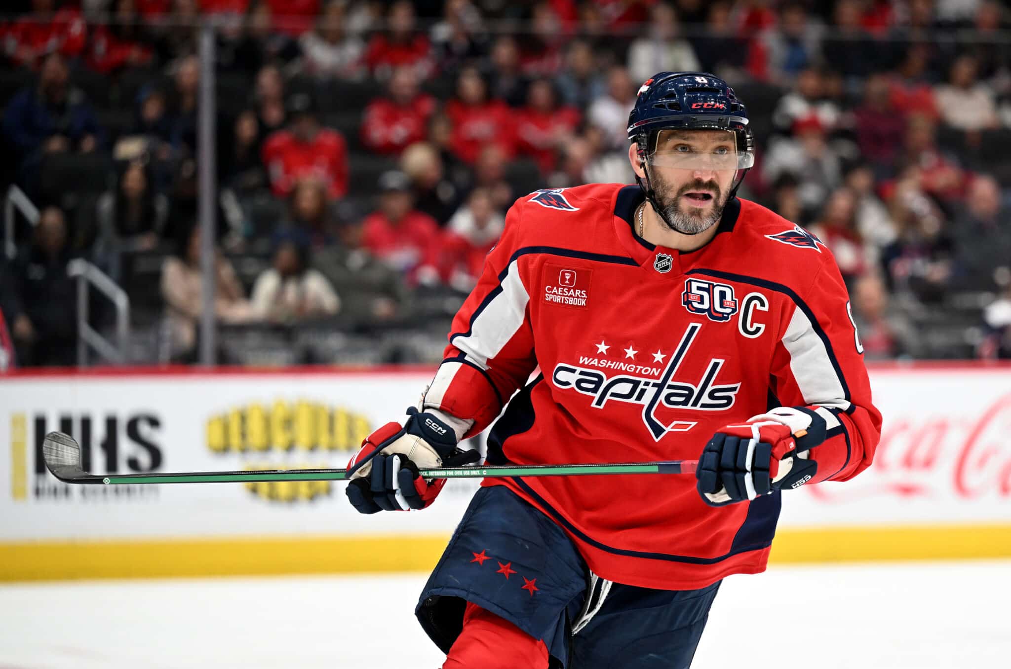 WASHINGTON, DC - NOVEMBER 02: Alex Ovechkin #8 of the Washington Capitals skates down the ice against the Columbus Blue Jackets at Capital One Arena on November 02, 2024 in Washington, DC.