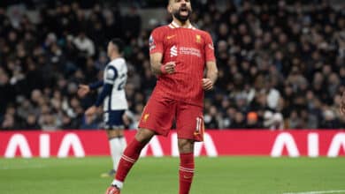 Mohamed Salah of Liverpool celebrates scoring the first of his two goals during the Premier League match