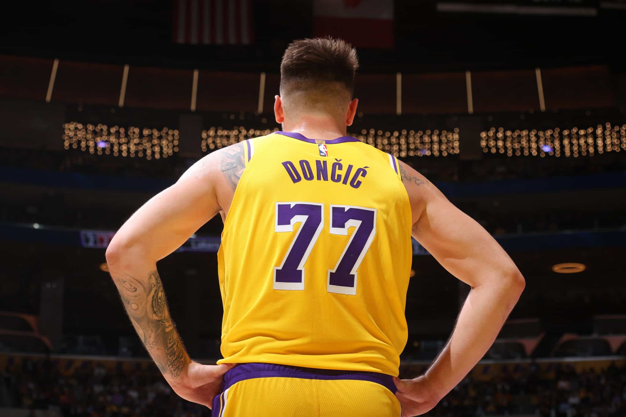 LOS ANGELES, CA - FEBRUARY 27: Luka Doncic #77 of the Los Angeles Lakers looks on during the game against the Minnesota Timberwolves on February 27, 2025 at Crypto.Com Arena in Los Angeles, California.