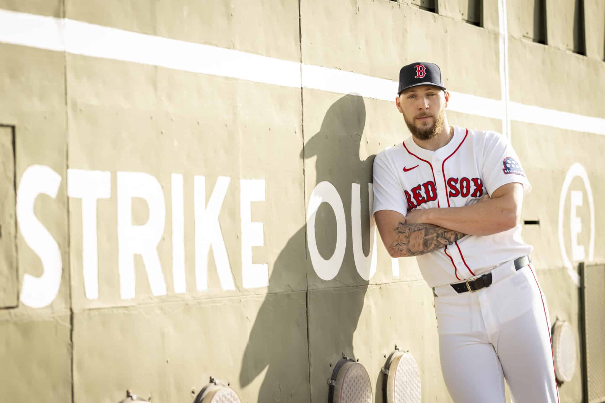 FORT MYERS, FLORIDA - FEBRUARY 18: Garrett Crochet #35 of the Boston Red Sox poses for a portrait in front of the Green Monster during 2025 Boston Red Sox Spring Training at JetBlue Park at Fenway South in Fort Myers, Florida on February 18, 2025.