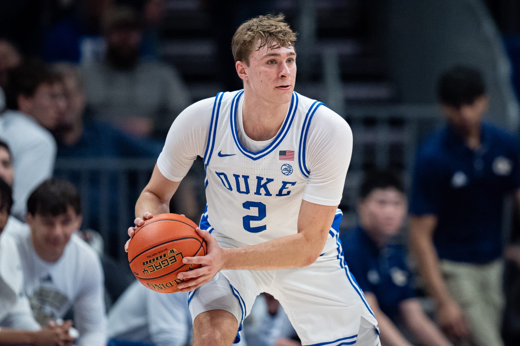 CHARLOTTE, NORTH CAROLINA - MARCH 13: Cooper Flagg #2 of the Duke Blue Devils plays against the Georgia Tech Yellow Jackets during the quarterfinal round of the ACC men's basketball tournament at Spectrum Center on March 13, 2025 in Charlotte, North Carolina.