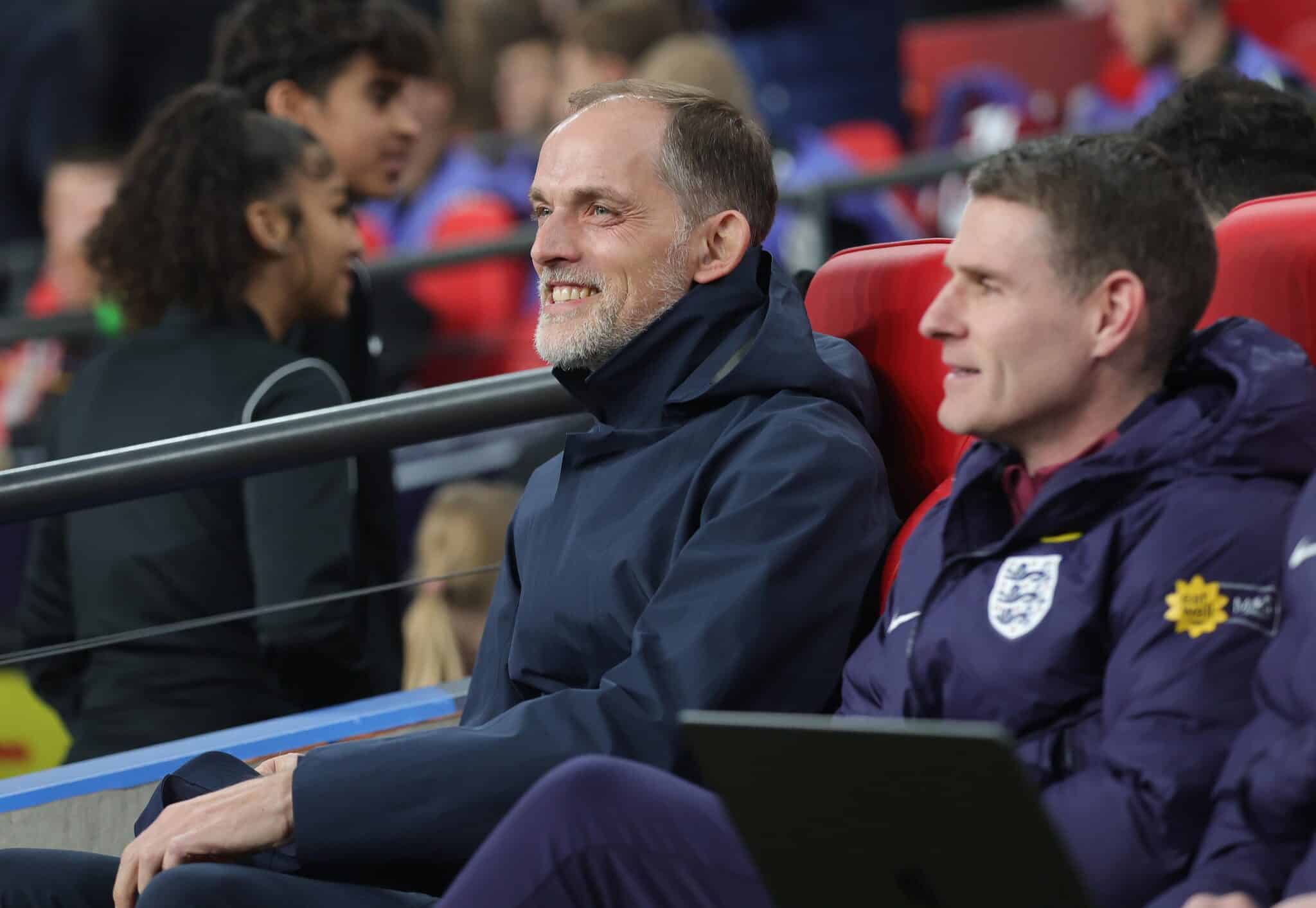 LONDON, ENGLAND - MARCH 24: Thomas Tuchel England manager looks happy & delighted during the FIFA World Cup 2026 European Qualifier between England and Latvia at Wembley Stadium on March 24, 2025 in London, England.