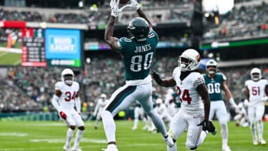 PHILADELPHIA, PA - DECEMBER 31: Philadelphia Eagles Wide Receiver Julio Jones (80) makes a touchdown reception in the first half during the game between the Arizona Cardinals and Philadelphia Eagles on December 31, 2023 at Lincoln Financial Field in Philadelphia, PA.