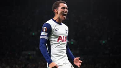 Brennan Johnson of Tottenham Hotspur celebrates scoring the first goal during the UEFA Europa League 2024/25