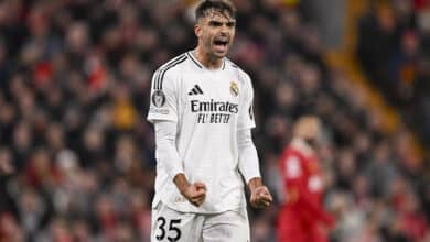 Raúl Asencio of Real Madrid reacts during the UEFA Champions League 2024/25 League Phase MD5 match between Liverpool FC and Real Madrid C.F