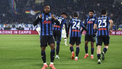 Ademola Lookman of Atalanta celebrates after scoring the his teams second goal during the Serie A match between Atalanta and AC Milan