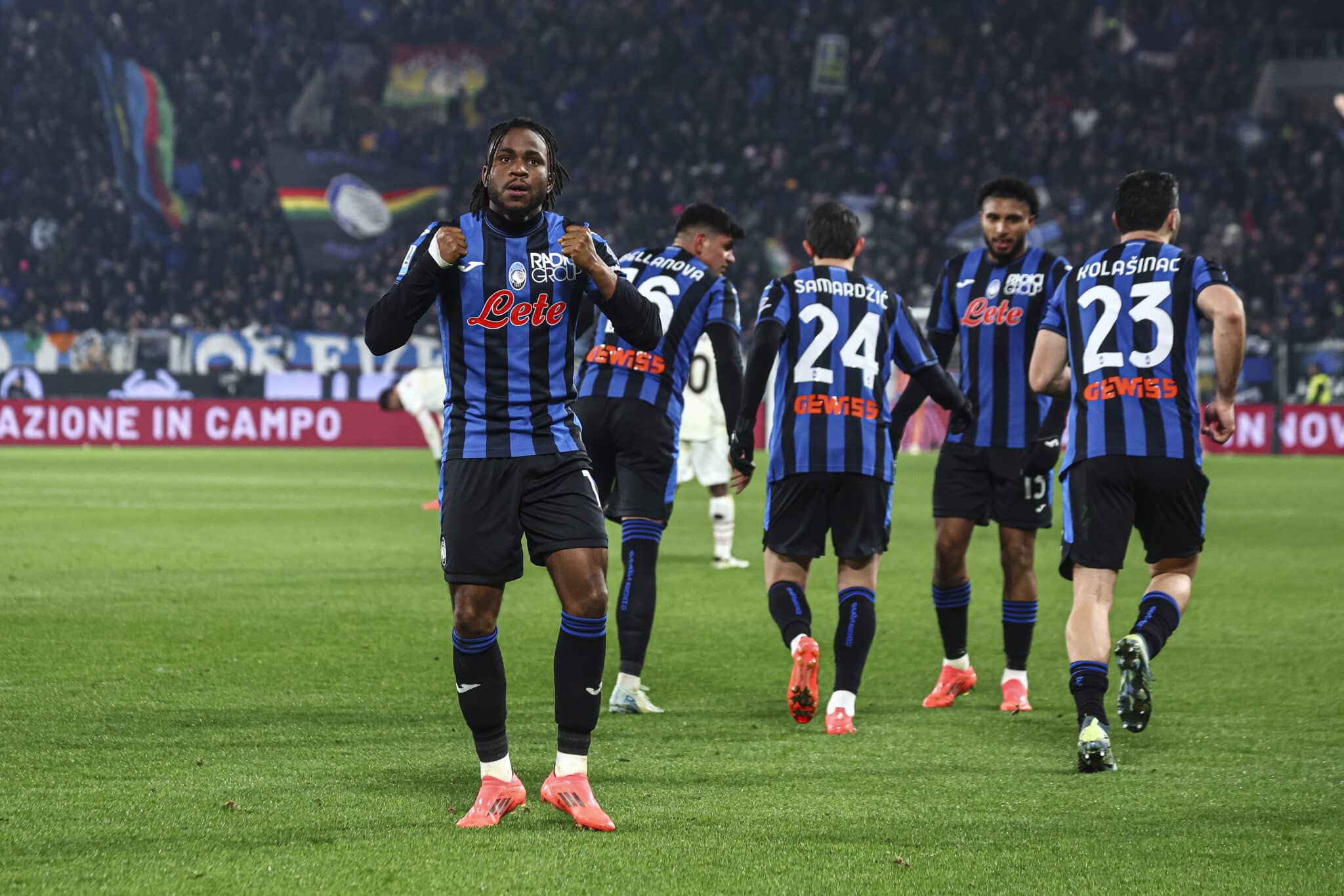 Ademola Lookman of Atalanta celebrates after scoring the his teams second goal during the Serie A match between Atalanta and AC Milan
