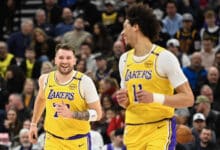 SALT LAKE CITY, UTAH - FEBRUARY 12: Luka Doncic #77 of the Los Angeles Lakers celebrates a play during the first half of a game against the Utah Jazz at Delta Center on February 12, 2025 in Salt Lake City, Utah.