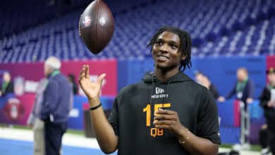 INDIANAPOLIS, INDIANA - MARCH 01: Cameron Ward #QB15 of Miami-FL looks o during the NFL Scouting Combine at Lucas Oil Stadium on March 01, 2025 in Indianapolis, Indiana.