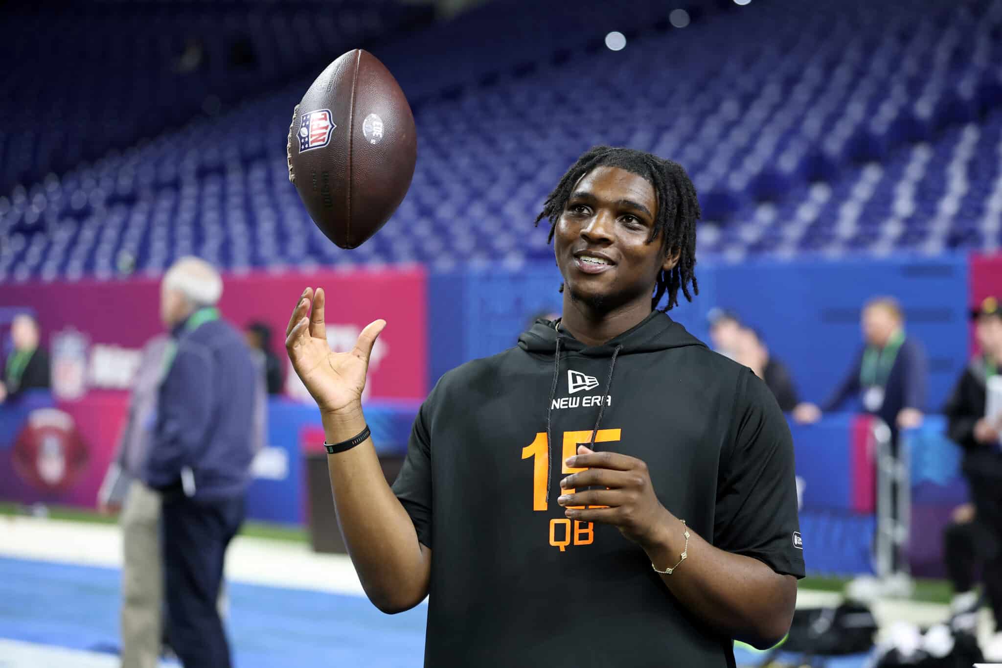 INDIANAPOLIS, INDIANA - MARCH 01: Cameron Ward #QB15 of Miami-FL looks o during the NFL Scouting Combine at Lucas Oil Stadium on March 01, 2025 in Indianapolis, Indiana.