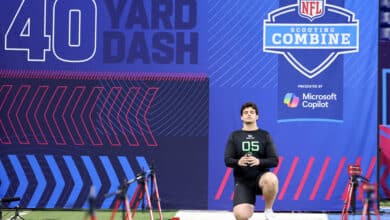 INDIANAPOLIS, INDIANA - MARCH 02: Will Campbell #OL05 of LSU participates in a drill during the NFL Scouting Combine at Lucas Oil Stadium on March 02, 2025 in Indianapolis, Indiana.