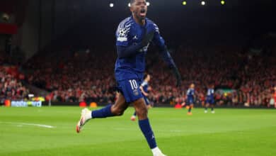 Ousmane Dembele of Paris Saint-Germain celebrates scoring the opening goal during the UEFA Champions League 2024/25 UEFA Champions League 2024/25.