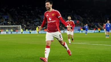 Manchester United's Bruno Fernandes celebrates scoring their side's third goal of the game during the Premier League match at the King Power Stadium, Leicester. Picture date: Sunday March 16, 2025.