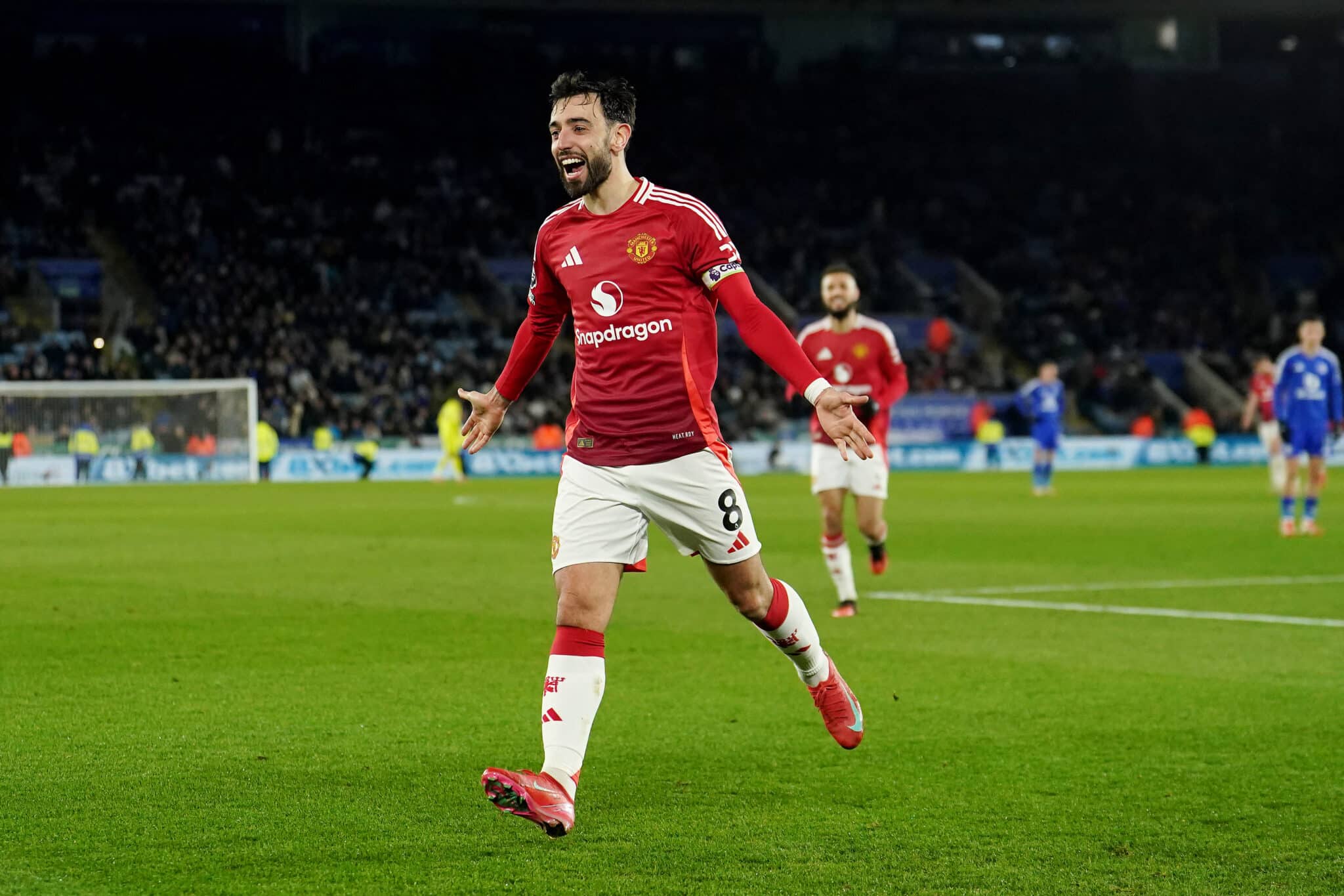 Manchester United's Bruno Fernandes celebrates scoring their side's third goal of the game during the Premier League match at the King Power Stadium, Leicester. Picture date: Sunday March 16, 2025.