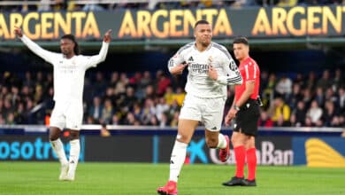 Kylian Mbappe of Real Madrid celebrates scoring his team's second goal during the LaLiga match