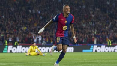 Raphinha of FC Barcelona celebrates his team's fourth goal scored by Lamine Yamal during the UEFA Champions League 2024/25 Quarter Final First Leg match between FC Barcelona and Borussia Dortmund