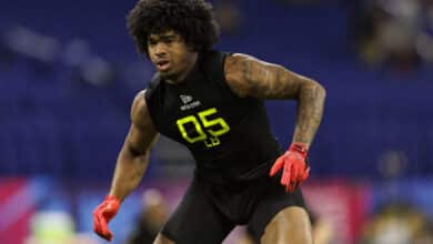 INDIANAPOLIS, INDIANA - FEBRUARY 27: Jihaad Campbell #LB05 of Alabama participates in a drill at Lucas Oil Stadium on February 27, 2025 in Indianapolis, Indiana.