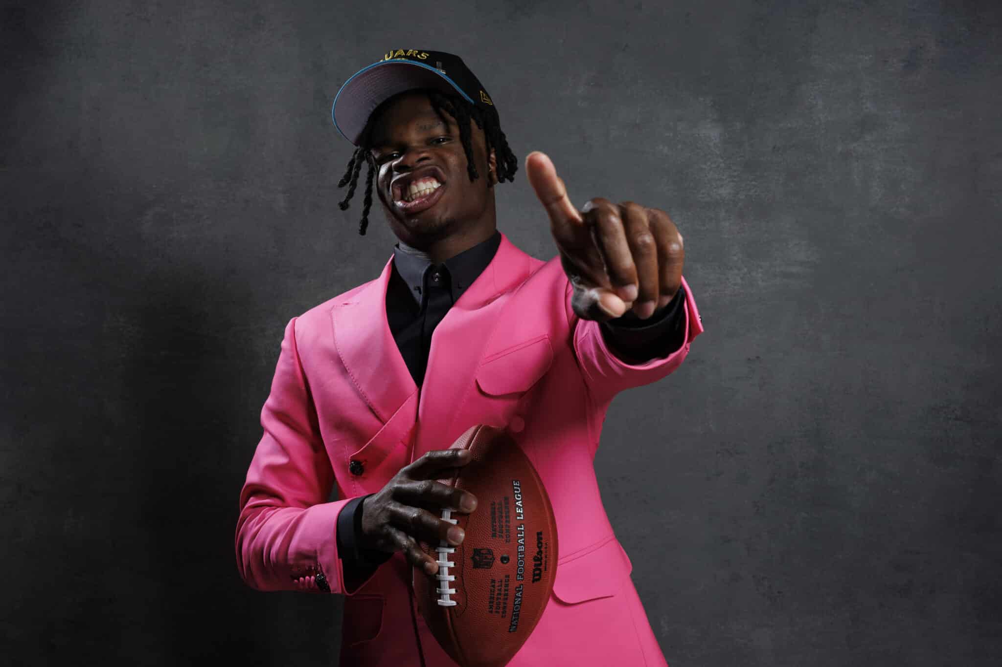 GREEN BAY, WISCONSIN - APRIL 24: Wide receiver and defensive back Travis Hunter poses for a portrait after being selected second overall in the first round by the Jacksonville Jaguars during the 2025 NFL draft at Lambeau Field on April 24, 2025 in Green Bay, Wisconsin.