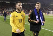 Eden Hazard and his brother Thorgan Hazard of Belgium celebrate the victory following the 2020 UEFA European Championships
